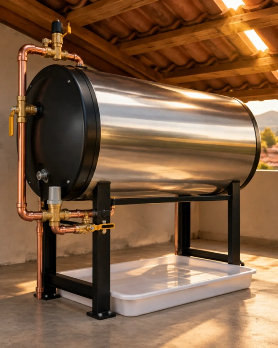 A new stainless steel geyser on a black stand with copper pipes and brass valves, a drip tray underneath, in warm evening light